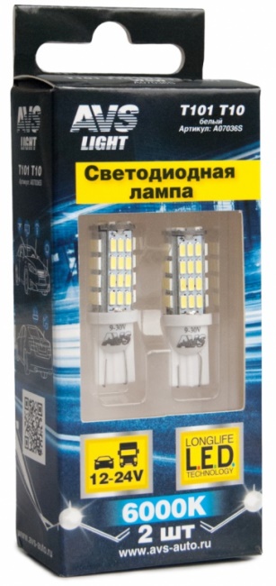 Лампа светодиодная T10 T101 белый (W2.1x9.5D) 54SMD 3014, 9-30V, W5W коробка 2 штуки