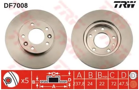Тормозной диск передний Kia Carnival TRW DF 7008, D=274 мм