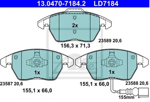 Колодки тормозные дисковые передние Audi, Skoda, Volkswagen Ate 13.0470-7184.2