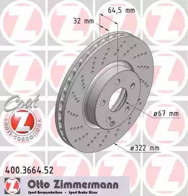 Диск тормозной передний MERCEDES SLC Otto Zimmermann 400.3664.52, D=322 мм