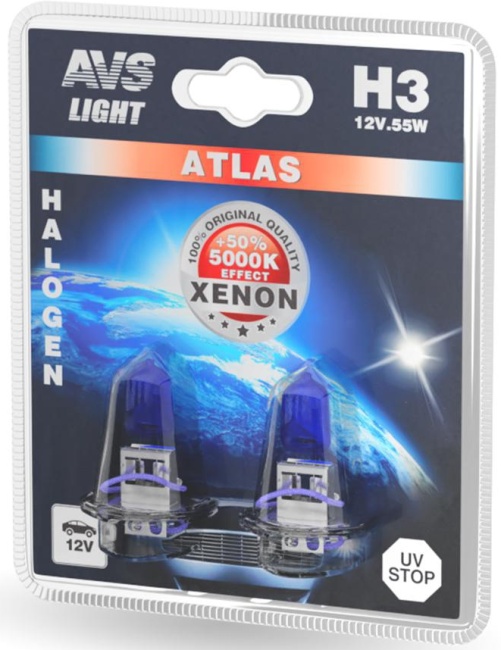 Лампа галогенная AVS ATLAS 5000К, H3, 12V, 55W блистер, 2 штуки
