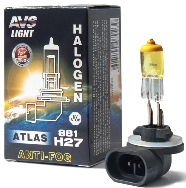 Лампа галогенная AVS ATLAS ANTI-FOG BOX H27/881, 12V, 27W желтый
