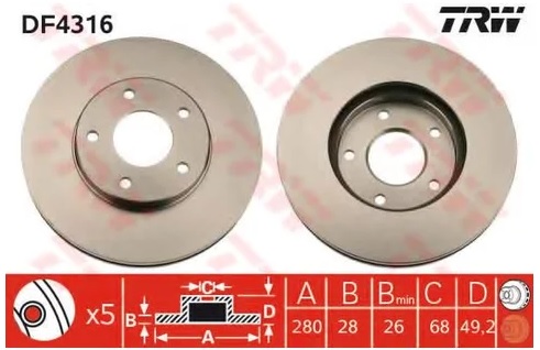 Диск тормозной передний Nissan Almera, Primera, X-Trail TRW DF 4316, D=280 мм