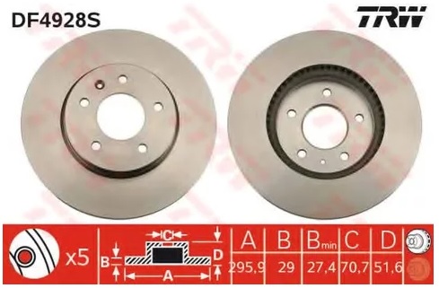 Диск тормозной передний Chevrolet Captiva, Equinox, Opel Antara TRW DF 4928S, D=295 мм