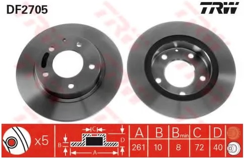 Диск тормозной задний Mazda 626, MX-6, Premacy, Xedos 6 TRW DF 2705, D=261 мм