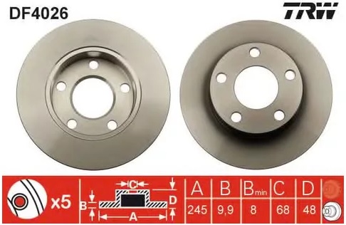 Диск тормозной задний Audi A4, VW Passat TRW DF 4026, D=245 мм