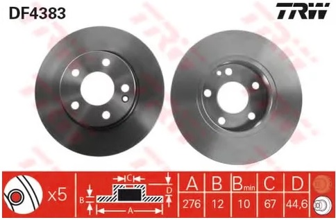 Диск тормозной передний Mercedes A-CLASS TRW DF 4383, D=276 мм