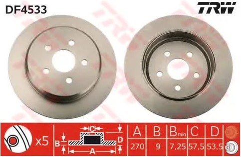 Диск тормозной задний Chrysler Neon, PT Cruiser, Sebring, Dodge Neon TRW DF 4533, D=270 мм