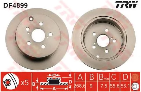 Диск тормозной задний Toyota Caldina, Celica, Prius TRW DF 4899, D=269 мм