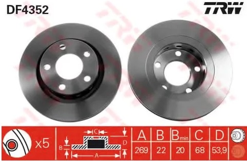 Тормозной диск задний Audi A6, VW Passat TRW DF 4352, D=269 мм