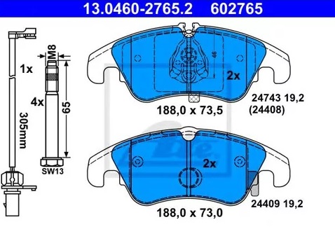 Колодки тормозные дисковые передние AUDI A6, A7 Ate 13.0460-2765.2 