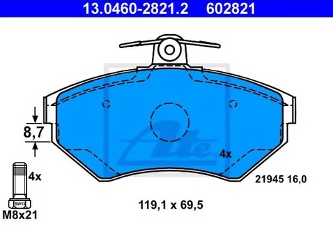 Колодки тормозные дисковые передние SEAT Arosa, VOLKSWAGEN Caddy, Polo Ate 13.0460-2821.2 