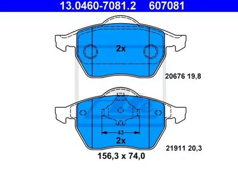 Колодки тормозные дисковые передние AUDI A3, SEAT Ibiza, SKODA Octavia, VOLKSWAGEN Golf Ate 13.0460-7081.2