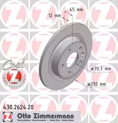 Диск тормозной задний Opel Astra J, Chevrolet Cruze Otto Zimmermann 430.2624.20, D=292 мм