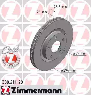 Диск тормозной передний CHRYSLER Sebring Otto Zimmermann 380.2111.20, D=294 мм