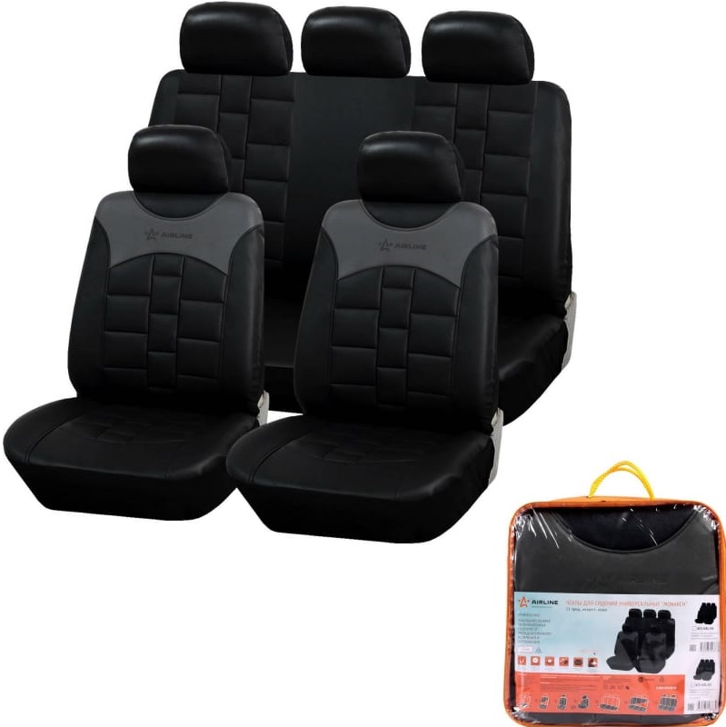 Чехлы для сидений AIRLINE ACS-UEL-05, MONARCH, универсальные, искусственная кожа, черный/серый