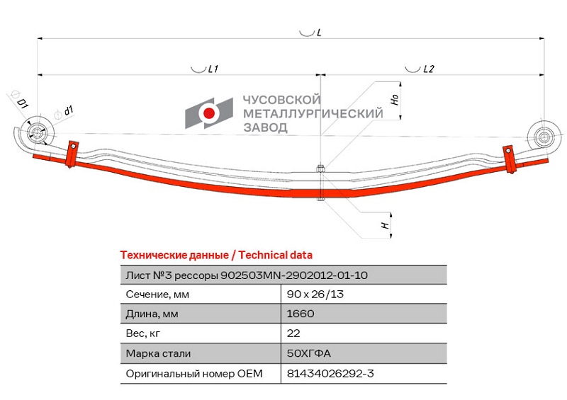 Лист рессоры передний MAN TGA, TGS, TGM ЧМЗ 902503MN-2902050-01