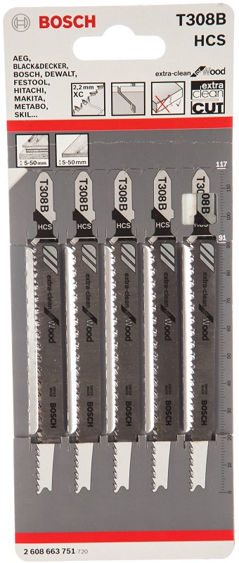 Пилки для лобзика по дереву Т308В HCS Bosch 2608663751, 91 мм, 5 штук