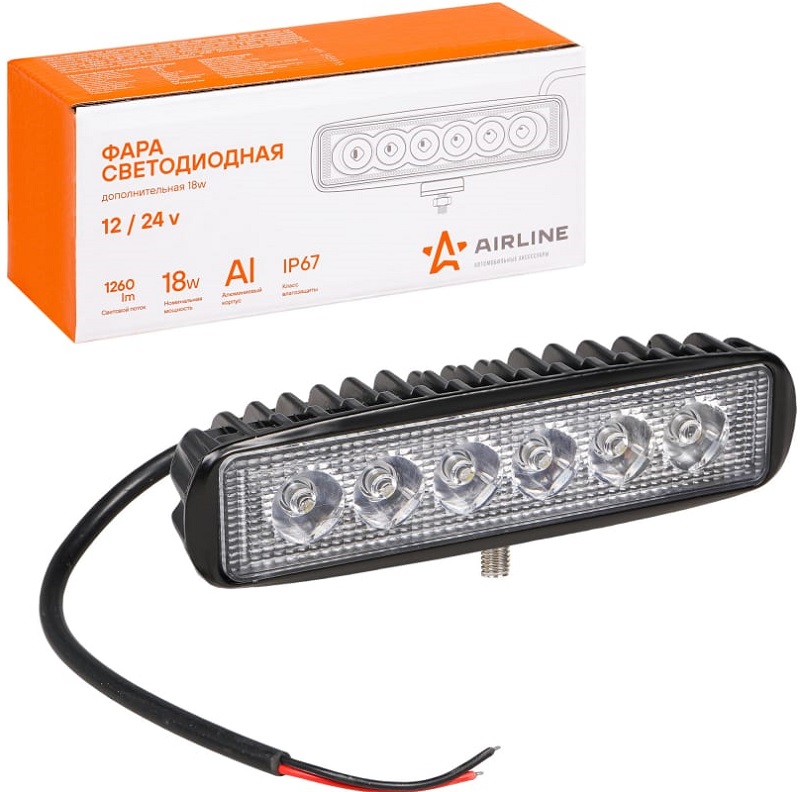 Фара светодиодная AIRLINE ALED004, прямоугольная, 6 LED, 18 W, 157х42х40, 12/24 V