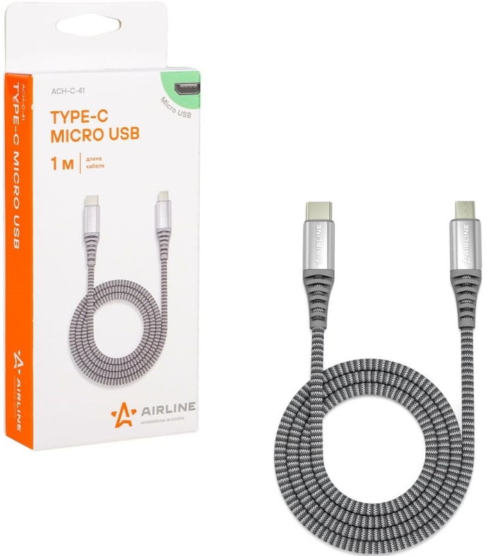 Кабель AIRLINE ACH-C-41, Type-C - micro USB, серый, 1 м